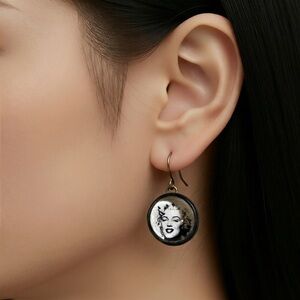 Handcrafted Retro Black Drop Marylin Monroe Glass Magnified Earrings